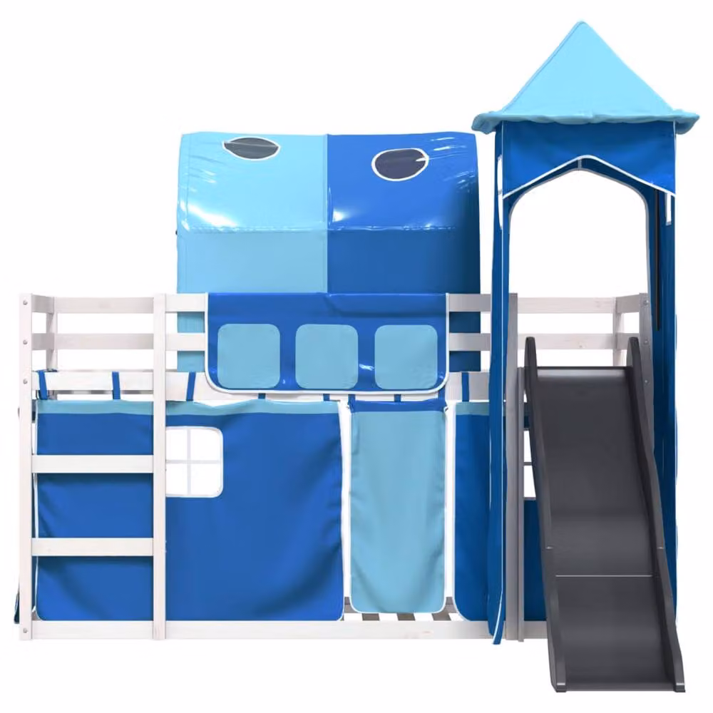 Berkfield Home Blue Solid Wood Childrens Bunk Bed with Slide and Curtains W/D/H: 90 x 200 cm – 5