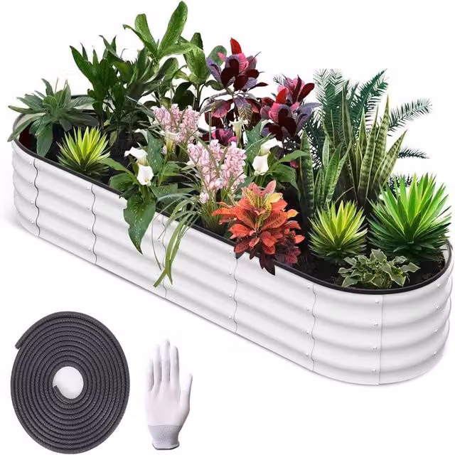 London Boutique Galvanised Steel Raised Garden Bed in Off-White, W/D/H: 244 x 61 x 30 cm – 1