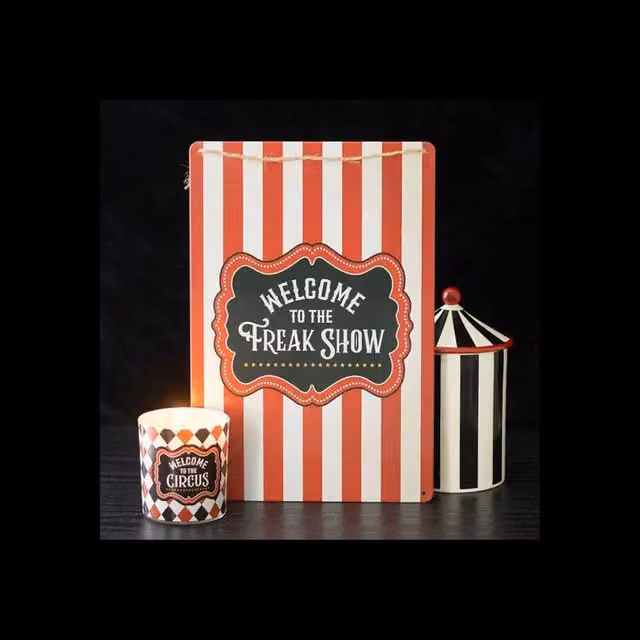 KDMD Freak Show Metal Hanging Sign Set with Red and Multicolour Circus Stripes