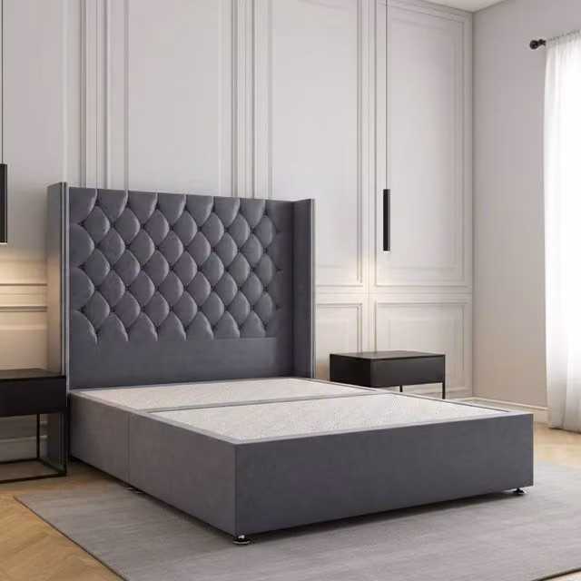 Regional Furnishings Luxury Single Divan Bed with 54 inch Plush Velvet Headboard in Charcoal Grey, W/D/H: 90 x 200 x 30.48 cm