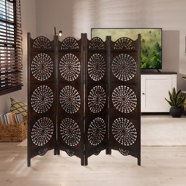 Topfurnishing 4 Panel Moroccan Geometric Carved Wooden Room Divider Screen in Brown and White
