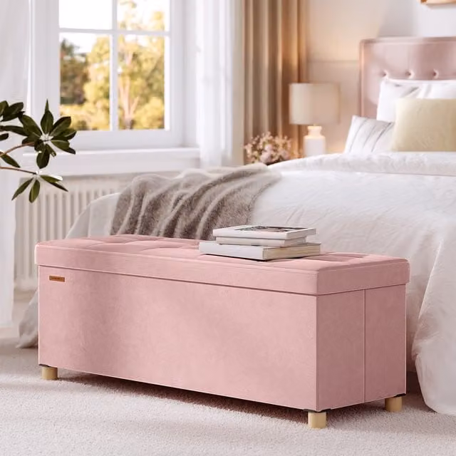 SONGMICS Velvet Storage Ottoman, Folding Pink Storage Bench with Lid