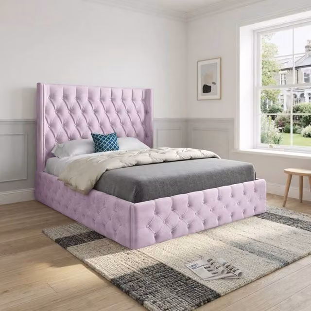 KDMD Vange Winged Upholstered Designer Bed Frame in Pink Soft Velvet, Small Double, W/D/H: 120 x 200 cm