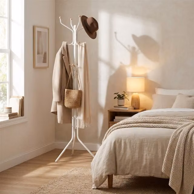 SONGMICS Modern White Metal Freestanding Coat Stand for Hallway with 12 Hooks and Tripod Base