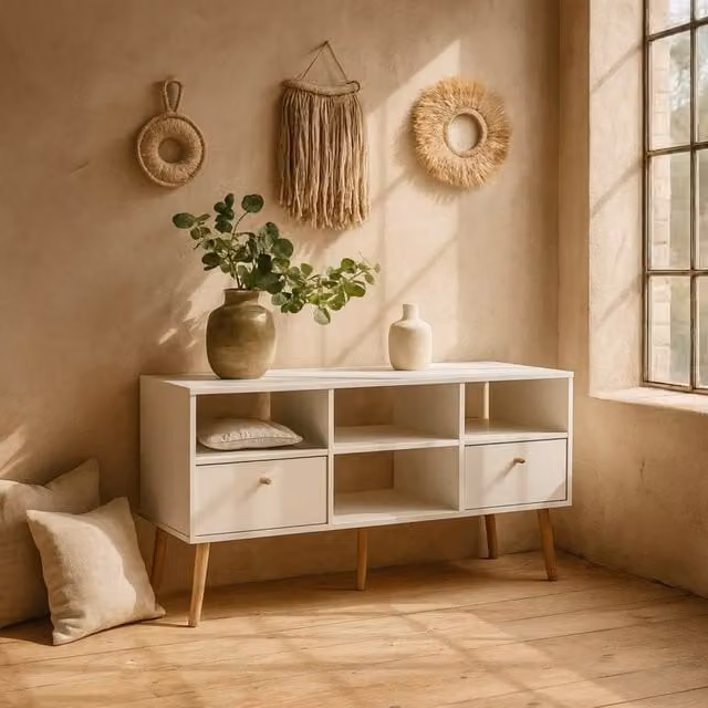 Wyld Haus Quietbloom White Wood TV Unit with 2 Drawers and Open Shelves, W/D/H: 117.2 x 39.1 x 60.8 cm – 1