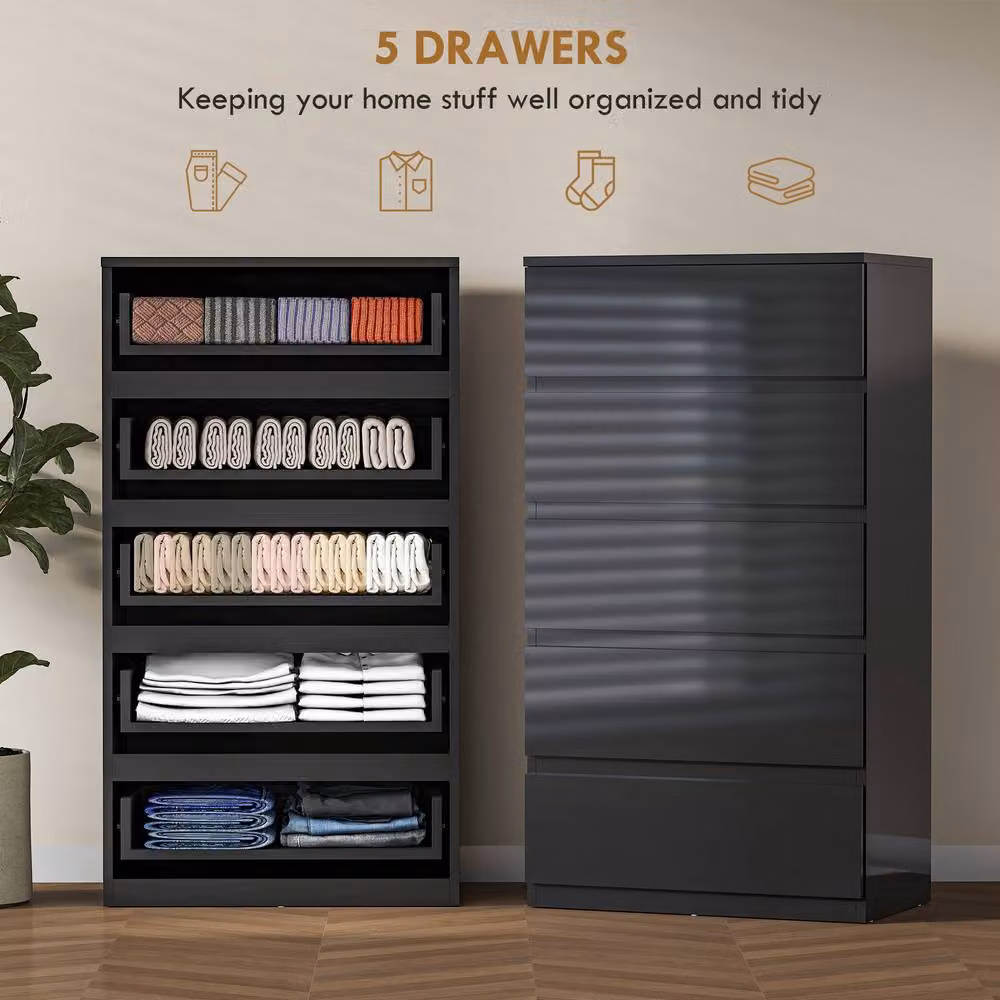 STILVORA Minimalist Black Glossy Chest of Drawers with 5 Soft-Close Drawers – 4