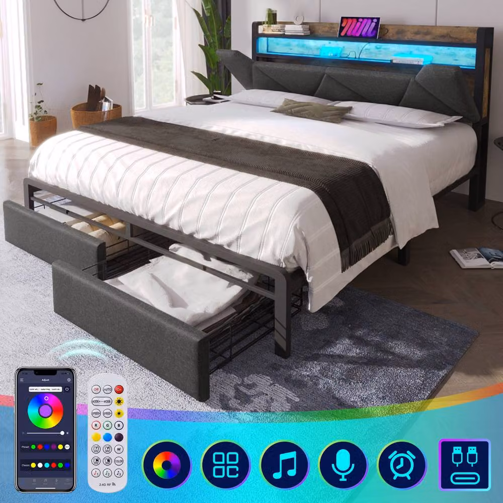 Rolipo Grey Linen Double Bed Frame with LED Lighting, USB Charging Ports and Drawers, W/D/H: 140 x 200 cm – 3
