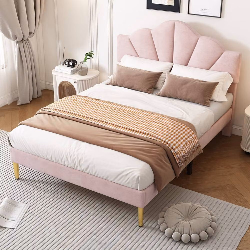 Merax Shell-Like Velvet Upholstered Double Bed with Adjustable Headboard in Pink, W/D/H: 140 x 200 cm – 2