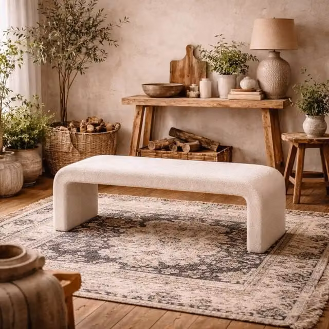 Wyld Haus Palermo Curved Ivory Bouclé Upholstered Hallway Bench – 1