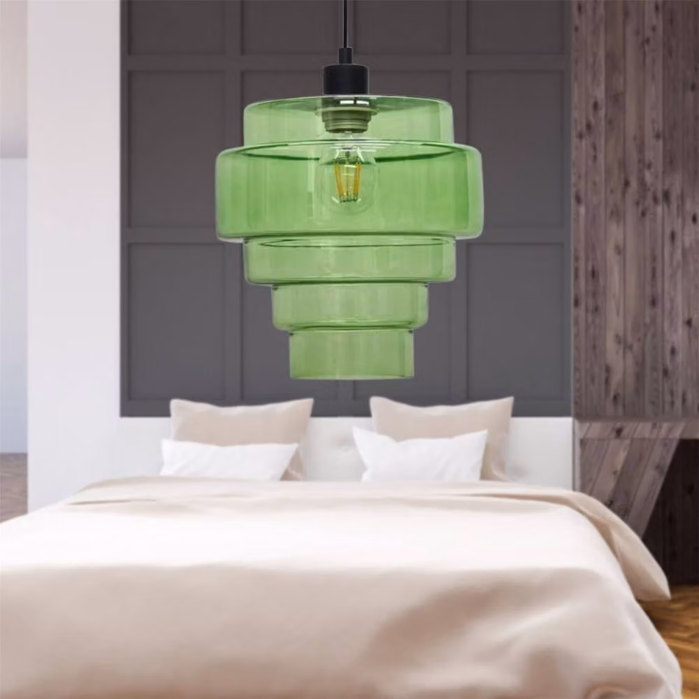 First Choice Lighting Benson 5 Tier Green Glass and Black Modern Suspended Ceiling Pendant Light Fixture – 3