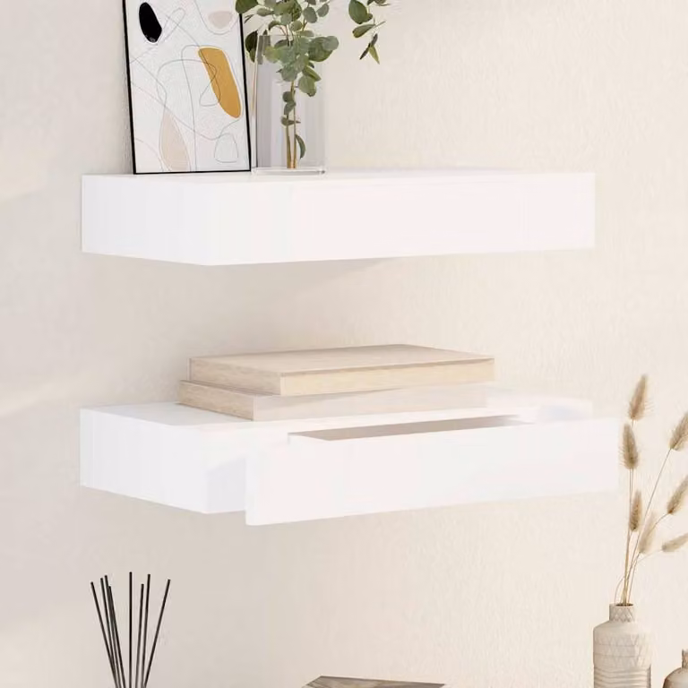 Berkfield Home Set of 2 White Floating Wall Shelves with Drawers, Width: 48 cm