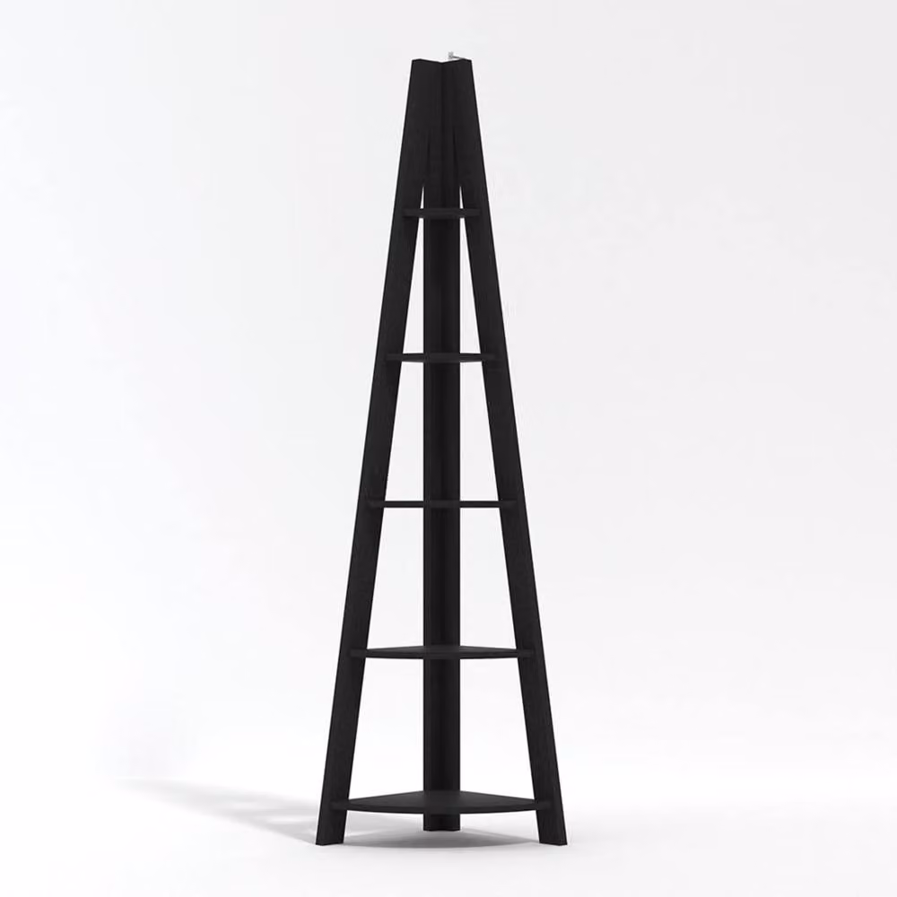 Wyld Haus Athy Black Wooden Corner Ladder Shelving with 5 Shelves, H 175.4 x W 38.6 x D 38.6 cm – 2