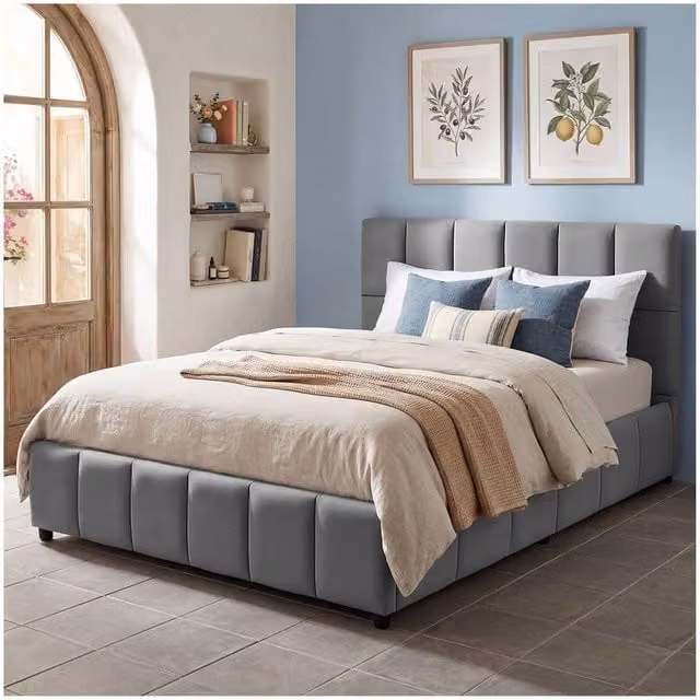 tectake Shirley Upholstered Bed with Slatted Frame and Lift-Up Base, Dark Grey, W/D/H: 140 x 200 cm