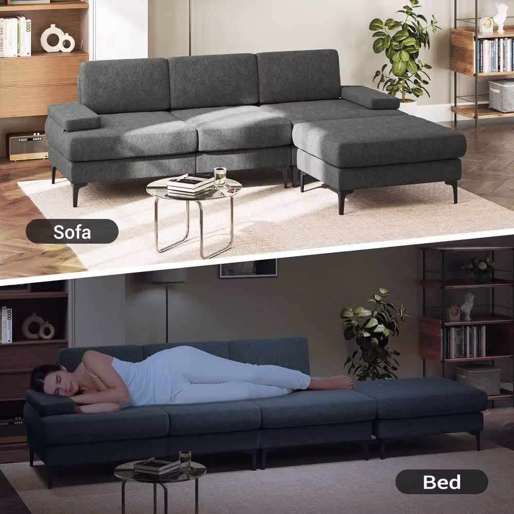 Dprodo 4 Seater L-Shape Corner Sofa Set in Dark Grey Chenille Fabric – 3