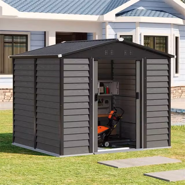 FLAVORA Grey Metal Garden Shed with Sliding Doors and Gable Roof