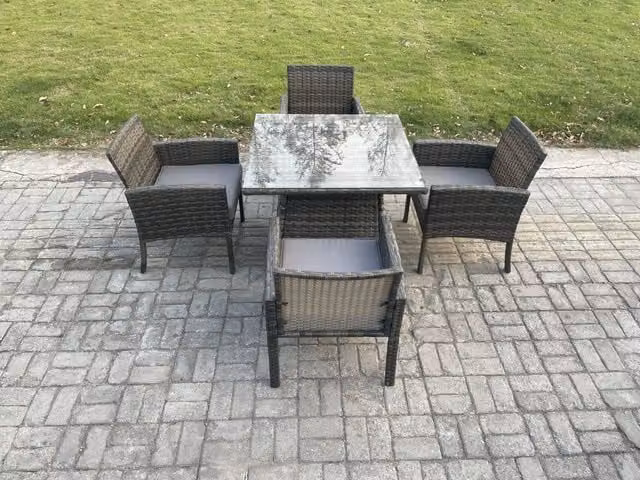 Fimous 4 Seater Rattan Garden Furniture Set with Square Dining Table in Dark Grey Mixed
