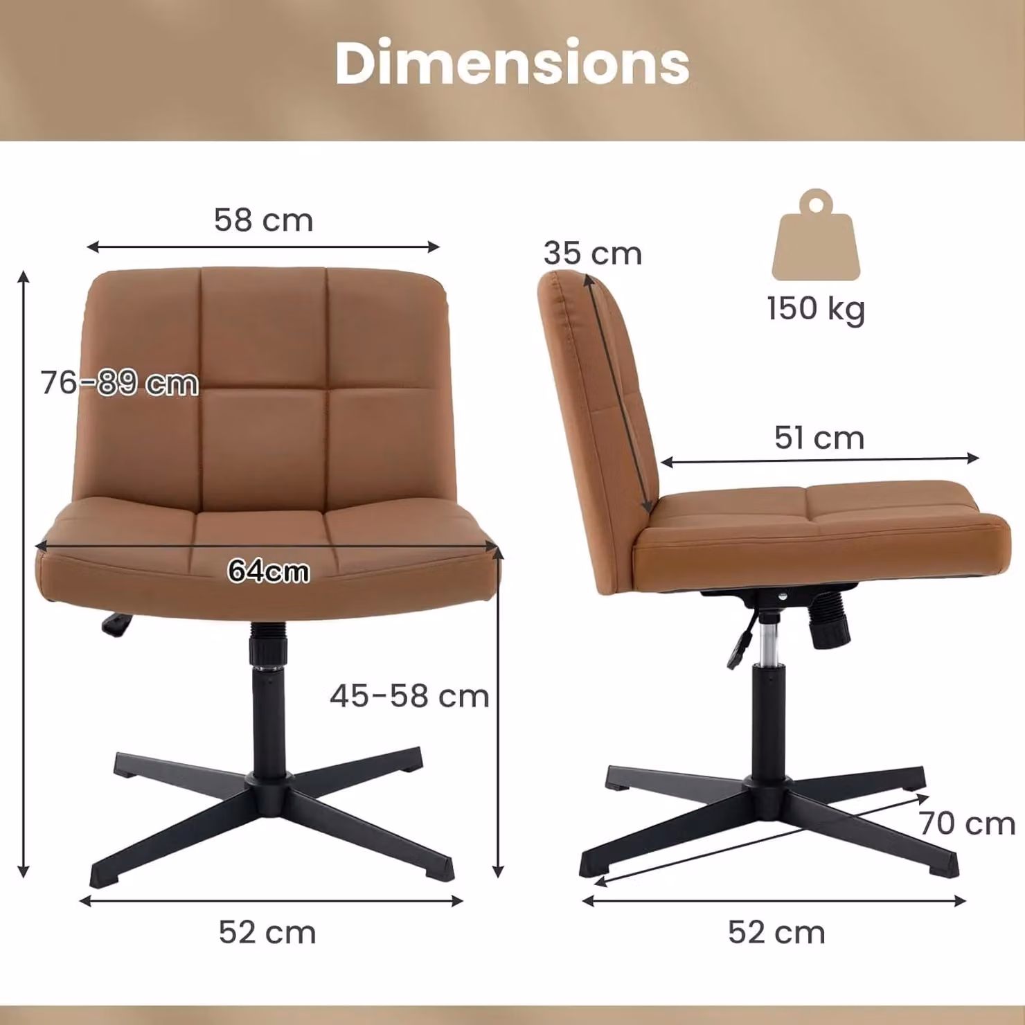 Gymax Brown Upholstered Swivel Office and Vanity Chair with Adjustable Height – 3