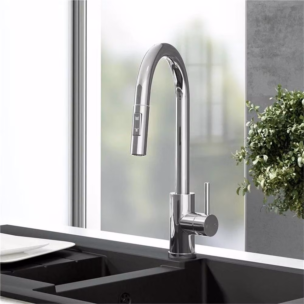 Nordara Single Lever Pull Out Chrome Kitchen Mixer Tap in Metallic Silver – 3