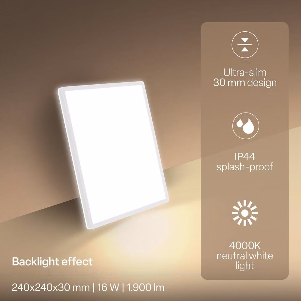 B.K.Licht White LED Slim Ceiling Panel Light, 16W, 1900lm, 4000K Neutral White, IP44 Splash-Proof, W/D/H: 24 x 24 x 3 cm – 3