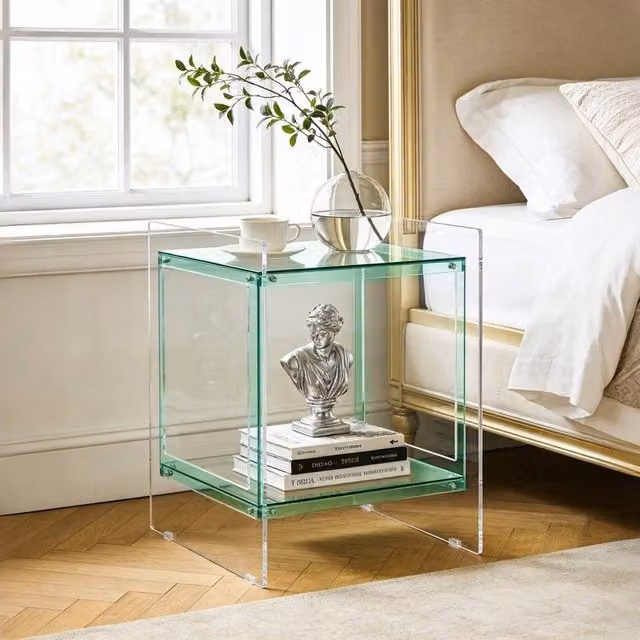 VOGREX Green Transparent Clear Acrylic End Table and Bedside Nightstand