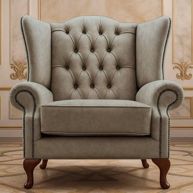 Somnior Beds Ltd Chesterfield Wingback High Chair in Beige Velvet Fabric