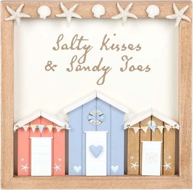 Something Different Salty Kisses And Sandy Toys Shell Beach Hut Plaque, Multicoloured Wood