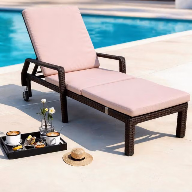 Furniture One Modern Polyrattan Chaise Lounge Chair in Brown with Beige Fabric Cushion