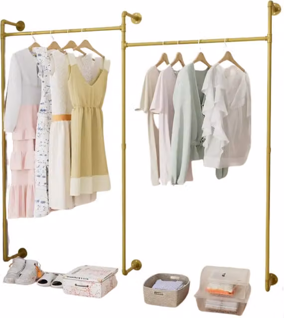 Pirlo Plush Industrial Heavy Duty Metal Wall-Mounted Floating Shelf with Hanging Rails in Gold