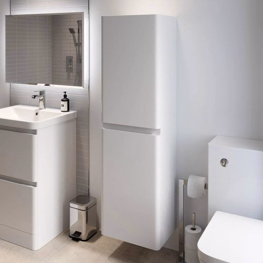 FORGEVIO White Gloss Wall Hung Tall Bathroom Storage Cabinet with Soft Close Hinged Doors and Internal Shelves – 2