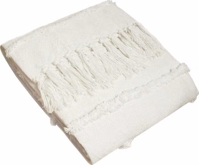 Jakarta Tufted Cotton Throw with Fringes in Natural Beige, Yellow and White