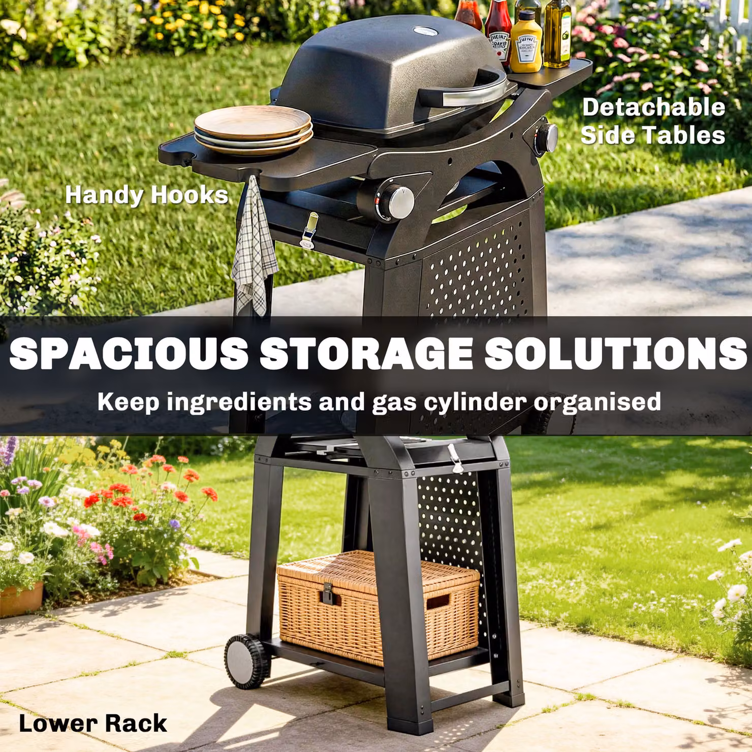 Outsunny 2 Burner Gas Barbecue Grill with 2 Side Tables and Cast Iron Grates, 3.8 KW Black Tabletop BBQ with Wheels – 7