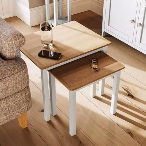 FWStyle Nest of 2 Tables with White Linen and Oak Tops, W/D/H: 55 x 45 x 44 cm – 6