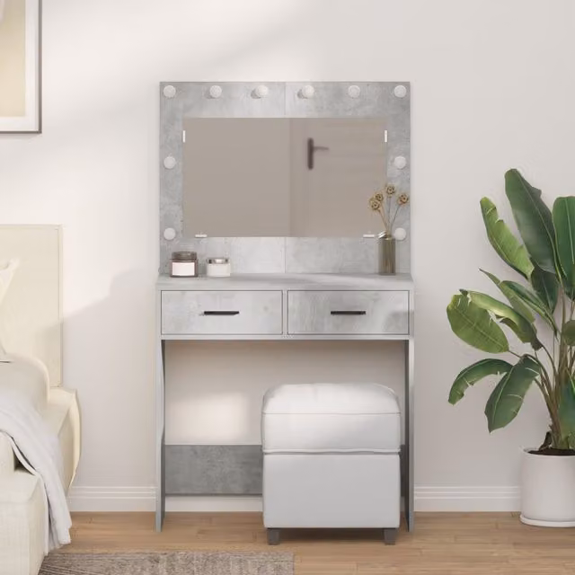 Berkfield Home Modern Concrete Grey Dressing Table with Hollywood LED Lights, W/D/H: 78.5 x 41 x 135 cm