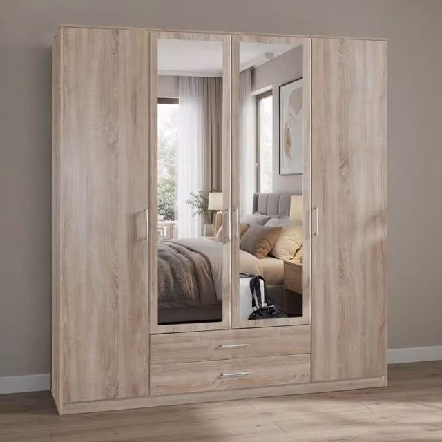 Osaka Oak 4 Door Wardrobe with Mirror and 2 Drawers, Brown, W: 180 cm