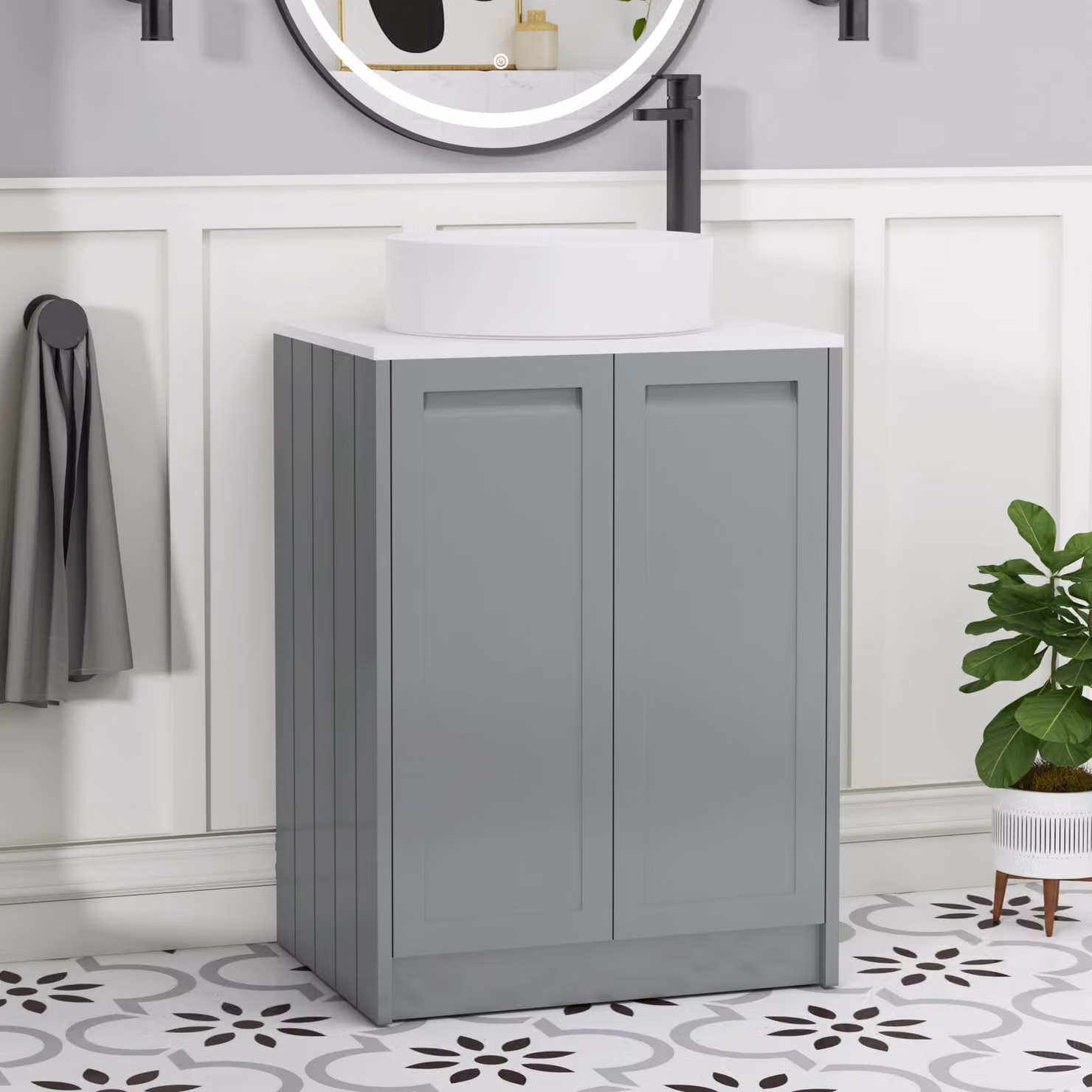 Royal Bathrooms Elmore 600mm Floor Standing 2 Door Vanity Unit in Matt Pebble Grey with Plain White Worktop
