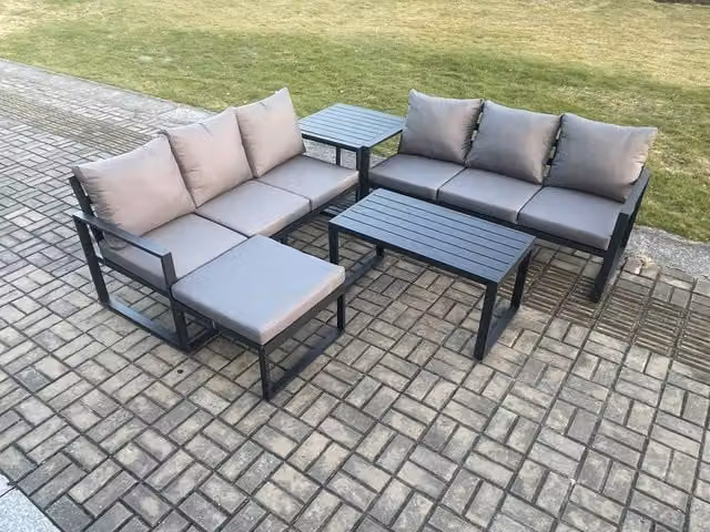 Fimous 5 Piece Aluminium Outdoor Garden Lounge Sofa Set with Coffee Table and Ottoman in Dark Grey