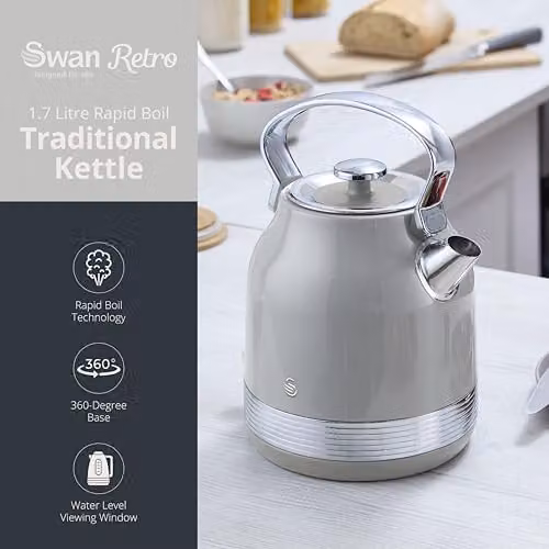 Swan Retro Traditional Kettle in Grey and Stainless Steel, 1.7 l – 2
