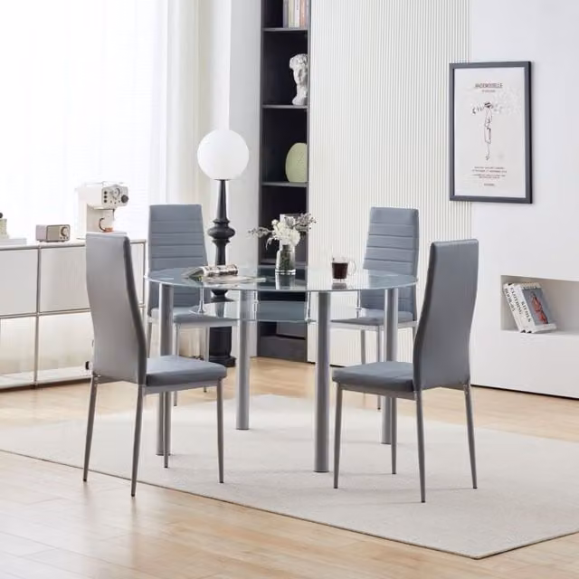 Comfy Living Ltd 5 Piece Round Glass Dining Set with Grey Faux Leather Chairs, Diameter: 120 cm, Height: 75 cm – 1