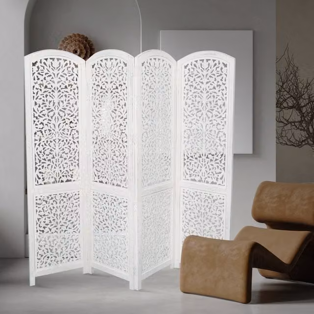 Topfurnishing Kashmiri 4 Panel Carved Wooden Room Divider Screen with Floral Design in White