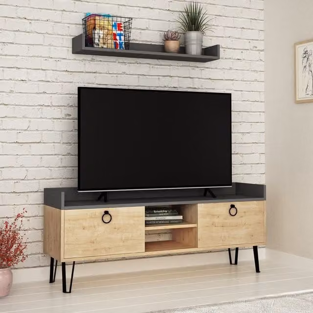 Keday Modern Oak TV Stand Multimedia Centre with Wall Shelf