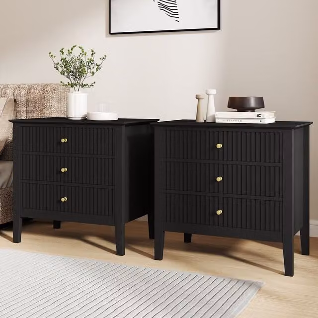 Melody Maison Hales Black Pair of Large 3 Drawer Bedside Tables with Gold Accents – 1