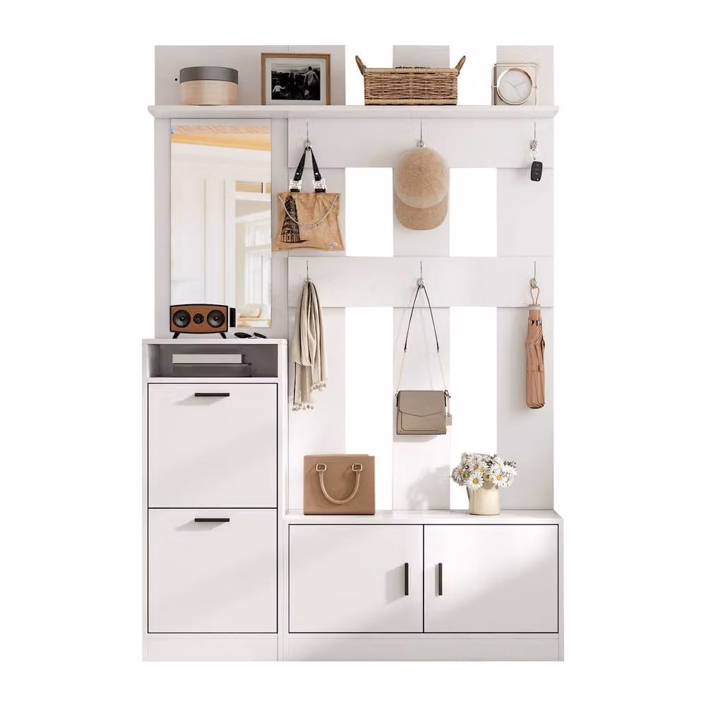 Matteo Modern White MDF Hallway Storage Unit with Mirror and Shoe Bench – 2
