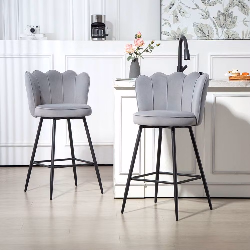 STILVORA Set of 2 Modern Bar Stools with Grey Polyester Fabric and Metal Legs – 2