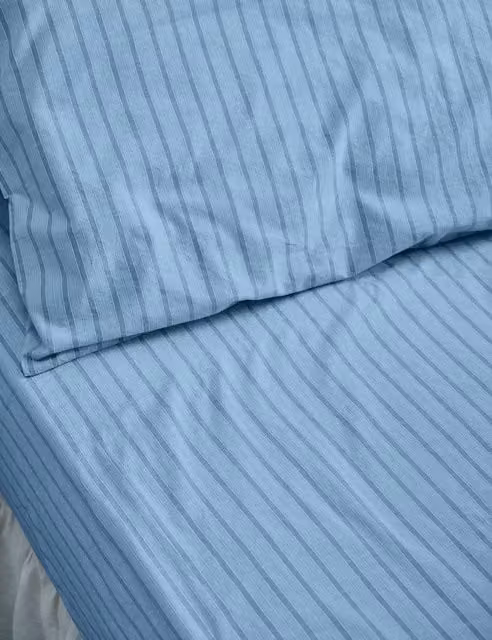 Piglet In Bed Blue Mix Striped Pure Cotton Fitted Sheet, W: 140 cm, L: 200 cm