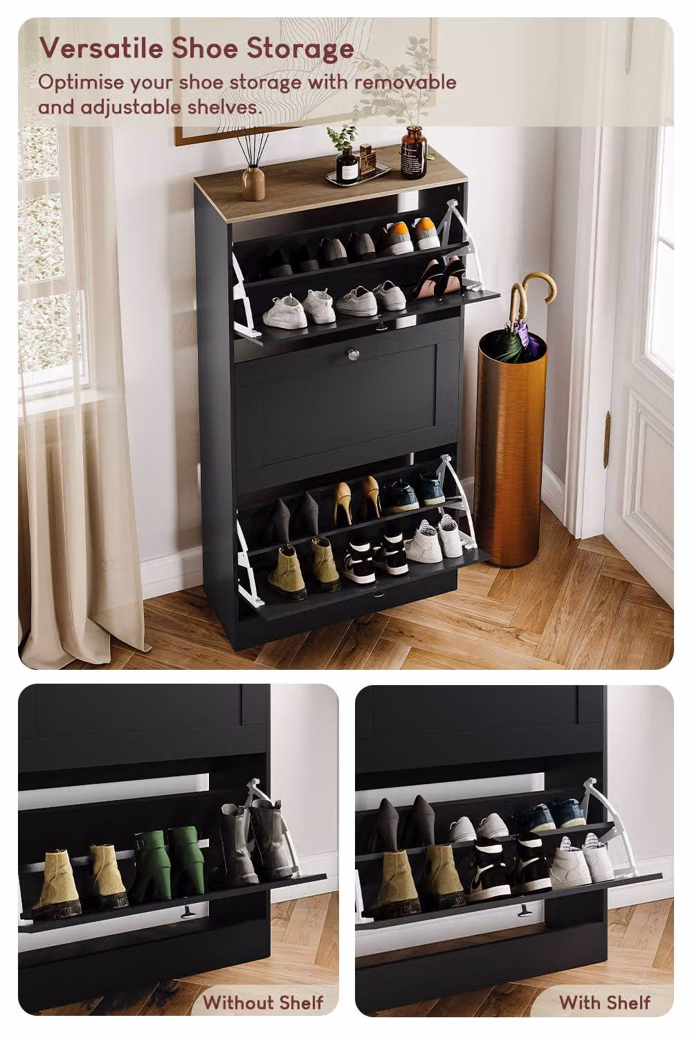 HD Designs Modern Black 3 Drawer Flip Down Shoe Cabinet with Internal Shelves and LED Lighting – 3
