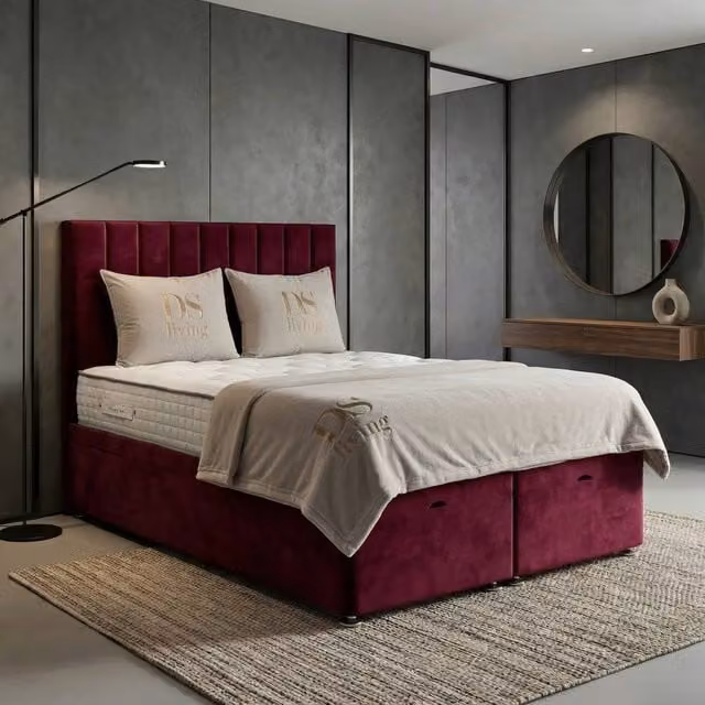 DS Living Aether Modern Upholstered Velvet Divan Bed in Red, W/D/H: 140 x 200 cm