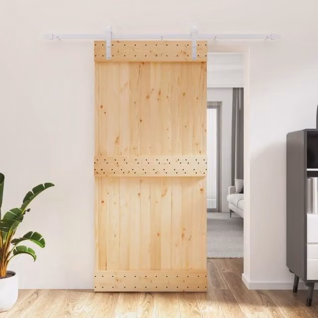Berkfield Home Modern Sliding Door with Hardware Set in Brown Solid Pine Wood, W: 95 cm, H: 210 cm – 1