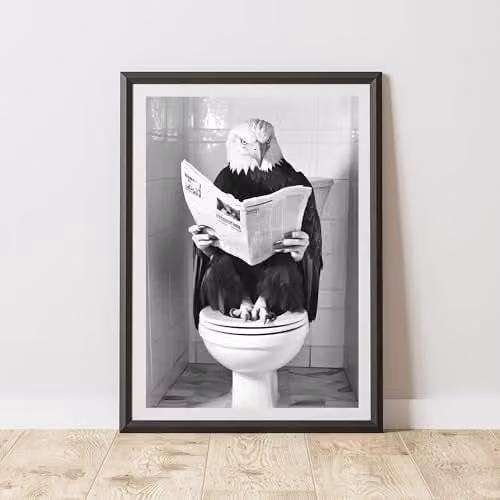 60 Second Makeover Eagle On The Toilet Animal Print Paper Poster, Black and White, A4