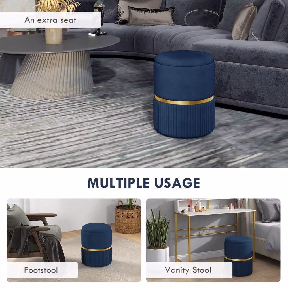 Wyld Haus Pazima Cylindrical Velvet Storage Ottoman in Dark Blue with Gold Accents – 6