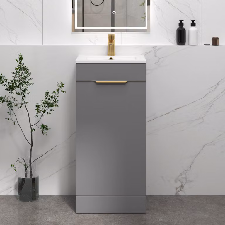 Royal Bathrooms Turin 400mm Floor Standing Cloakroom Vanity Unit with Basin, Indigo Grey Gloss, 1 Door with Brushed Brass Handle